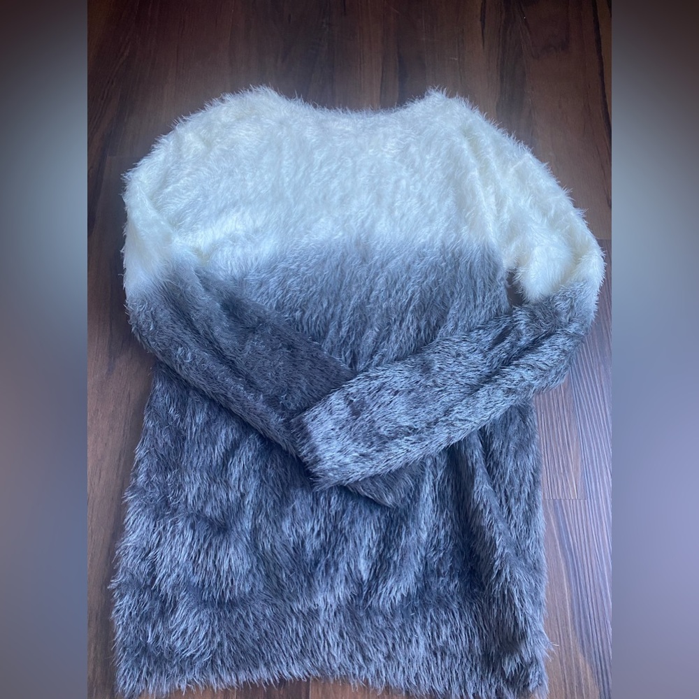 White and grey fuzzy sweater